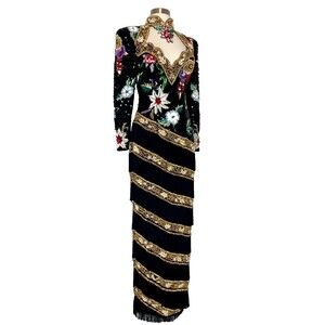 Vintage Cache Dress Black Multicolor Floral Beads Sequin Tassel Trim Open  Chest